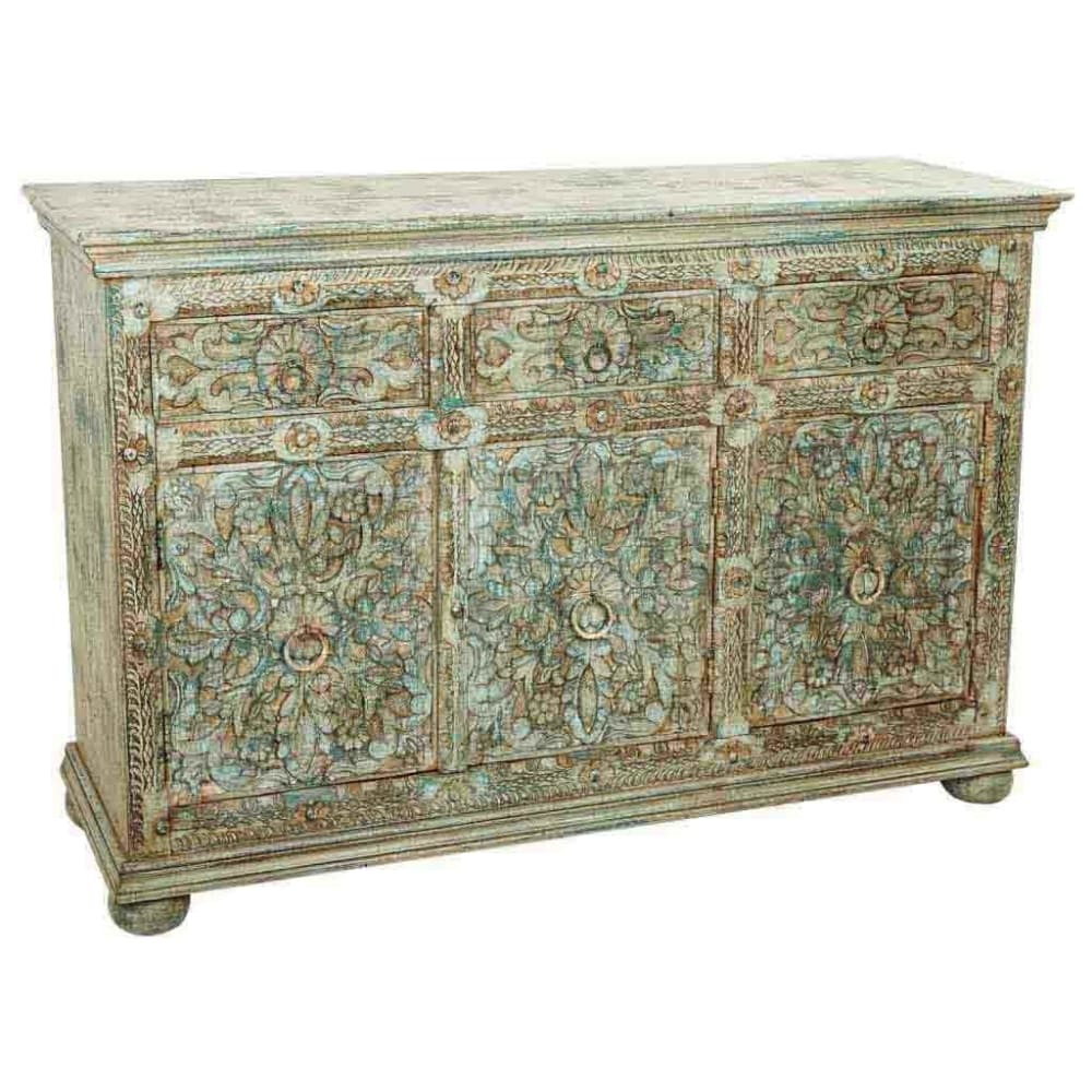 Buffet bahut DALIAN en bois sculpté vert 147 cm