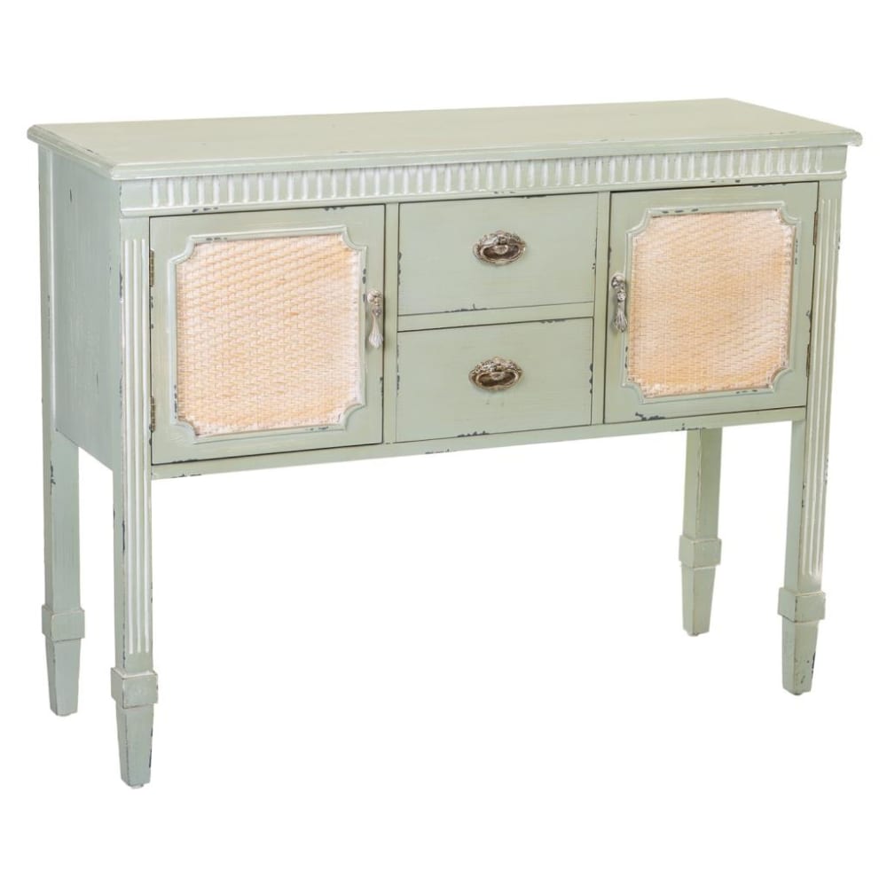 Buffet bas SORA vert amande 108 cm avec 2 portes en rotin tressé