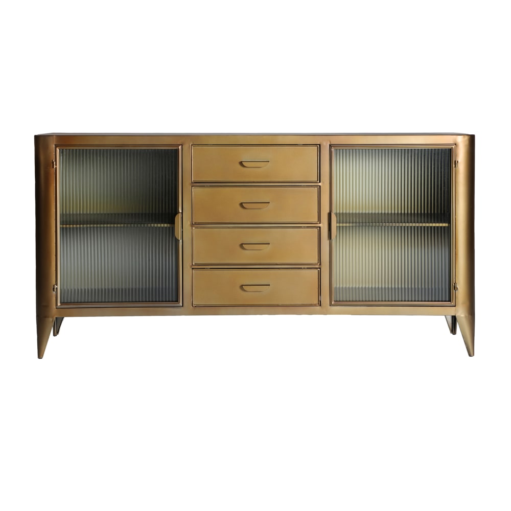 Buffet vitrine industriel KODU en fer doré vieilli et verre 160 cm