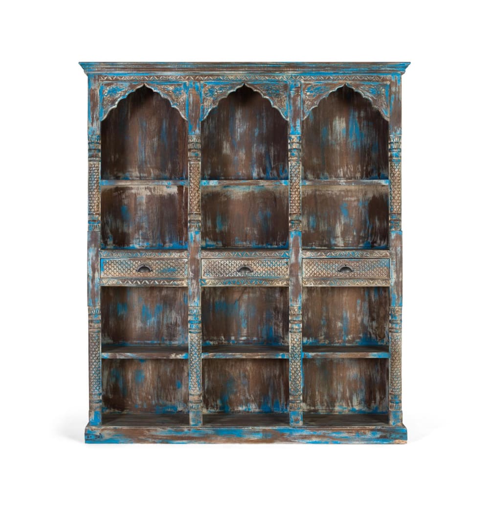 Grand buffet GINER Y COLOMER en manguier bleu vieilli sculpté 170 cm