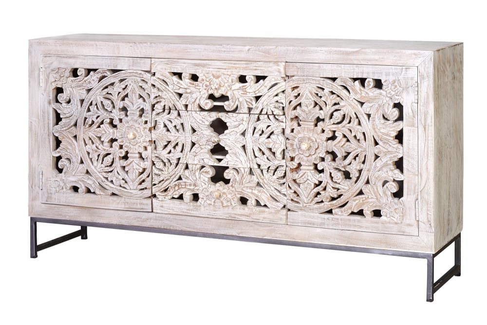 Buffet bahut MYKONOS en manguier blanchi et métal noir 150 cm