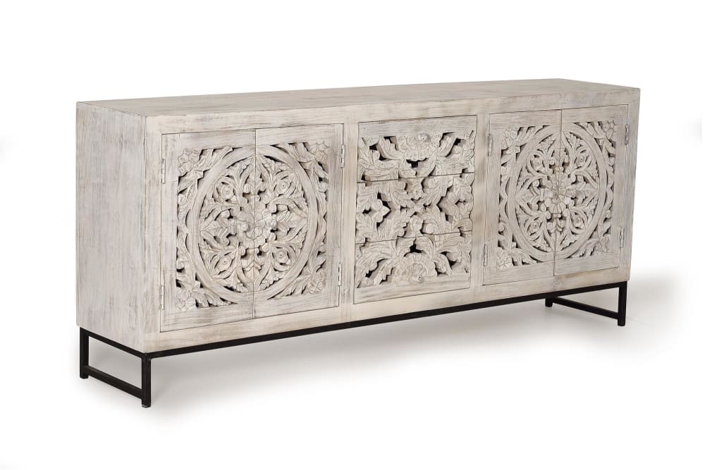 Grand buffet MYKONOS en manguier blanchi sculpté 190 cm