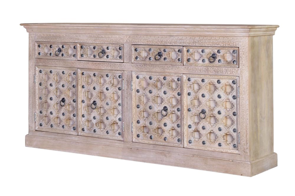 Grand buffet BAKHRA NATURAL en manguier massif blanchi 190 cm sculpté main