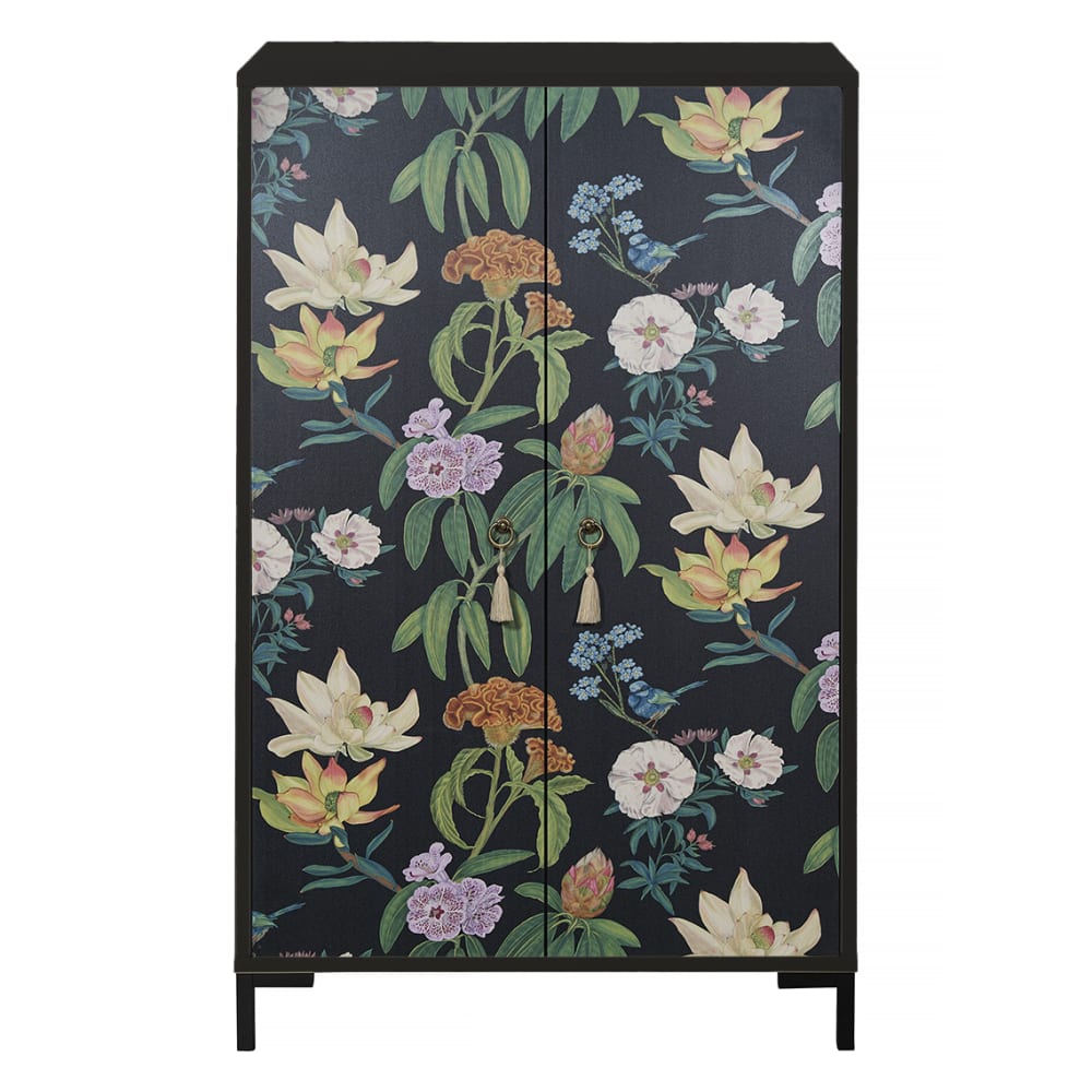 Petit buffet haut WALTER motif floral noir 75 cm avec 2 portes