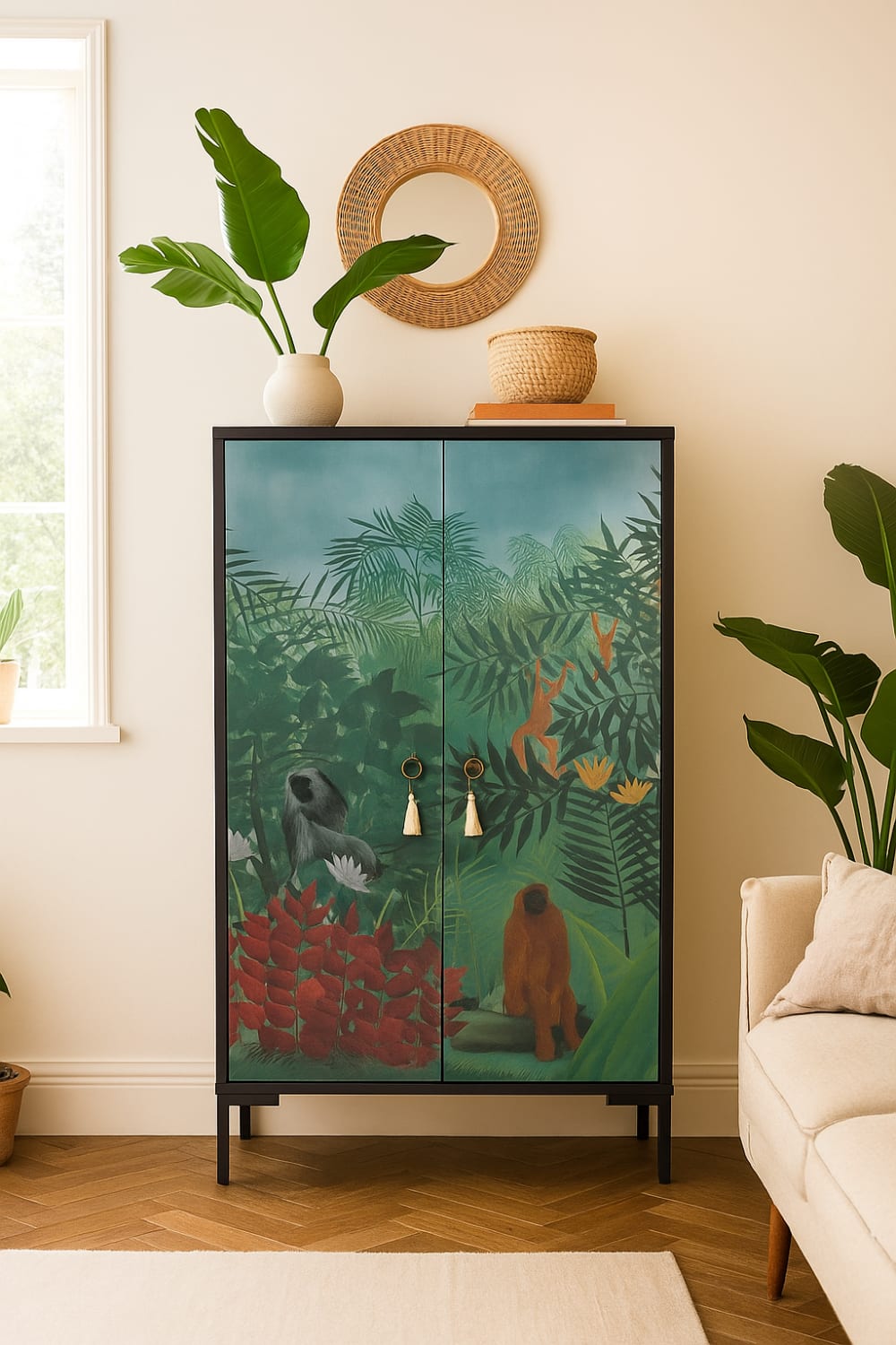 Détail du motif vert jungle du buffet WALTER