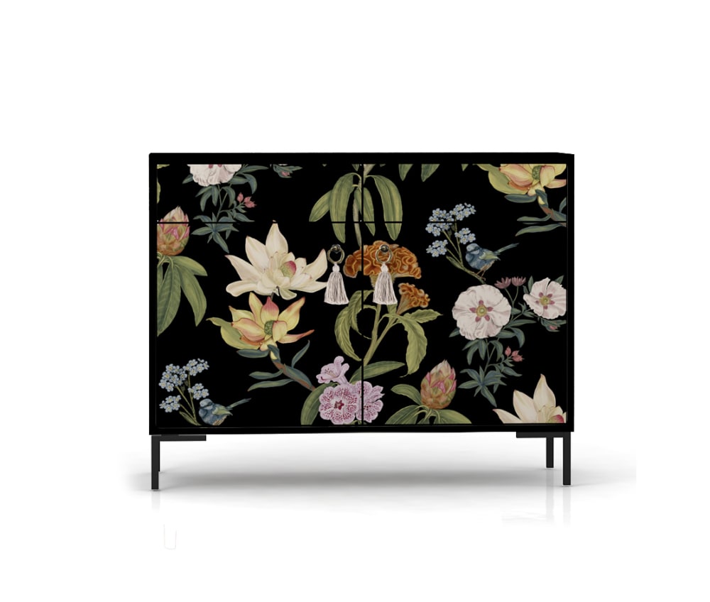 Petit buffet ALISE 2 portes 2 tiroirs imprimé floral rose 90 cm