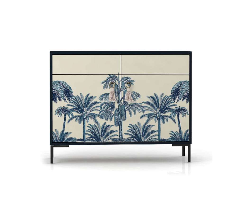 Buffet ALISE imprimé tropical vert 2 portes 2 tiroirs 90 cm