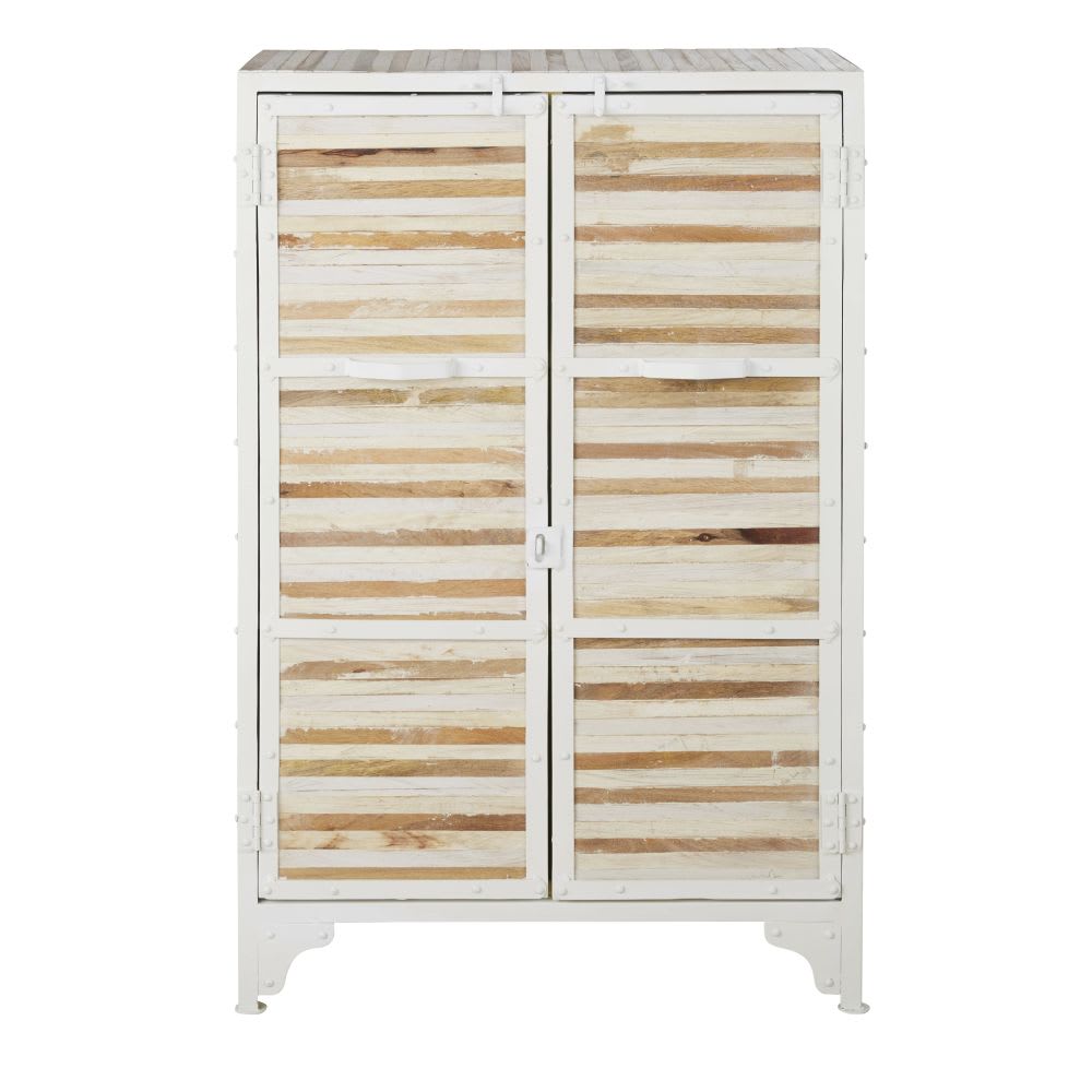 Buffet haut MISTRAL en métal blanc et bois recyclé 75 cm