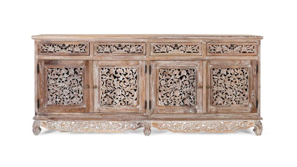 Grand buffet AURA en teck massif blanc lavé 180 cm avec 4 portes sculptées