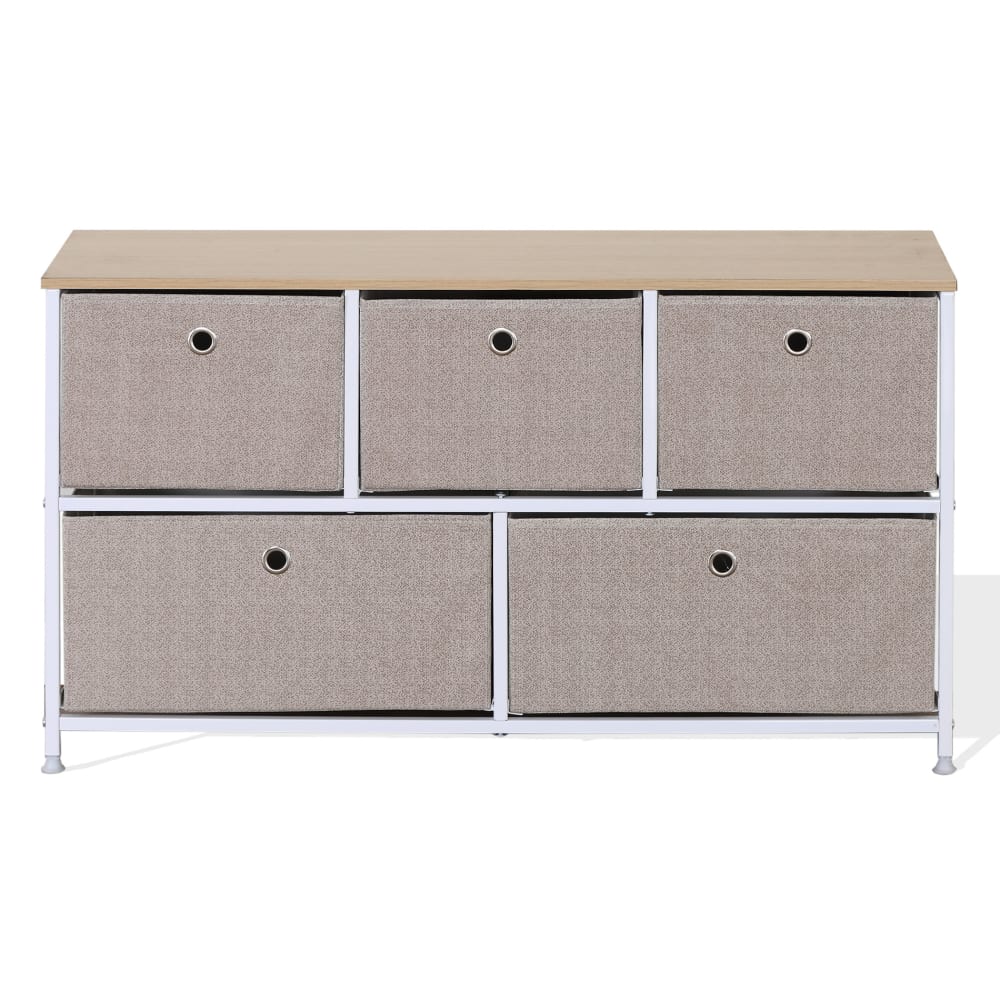 Buffet enfilade NORDIC 5 tiroirs en métal et tissu blanc et beige 100 cm