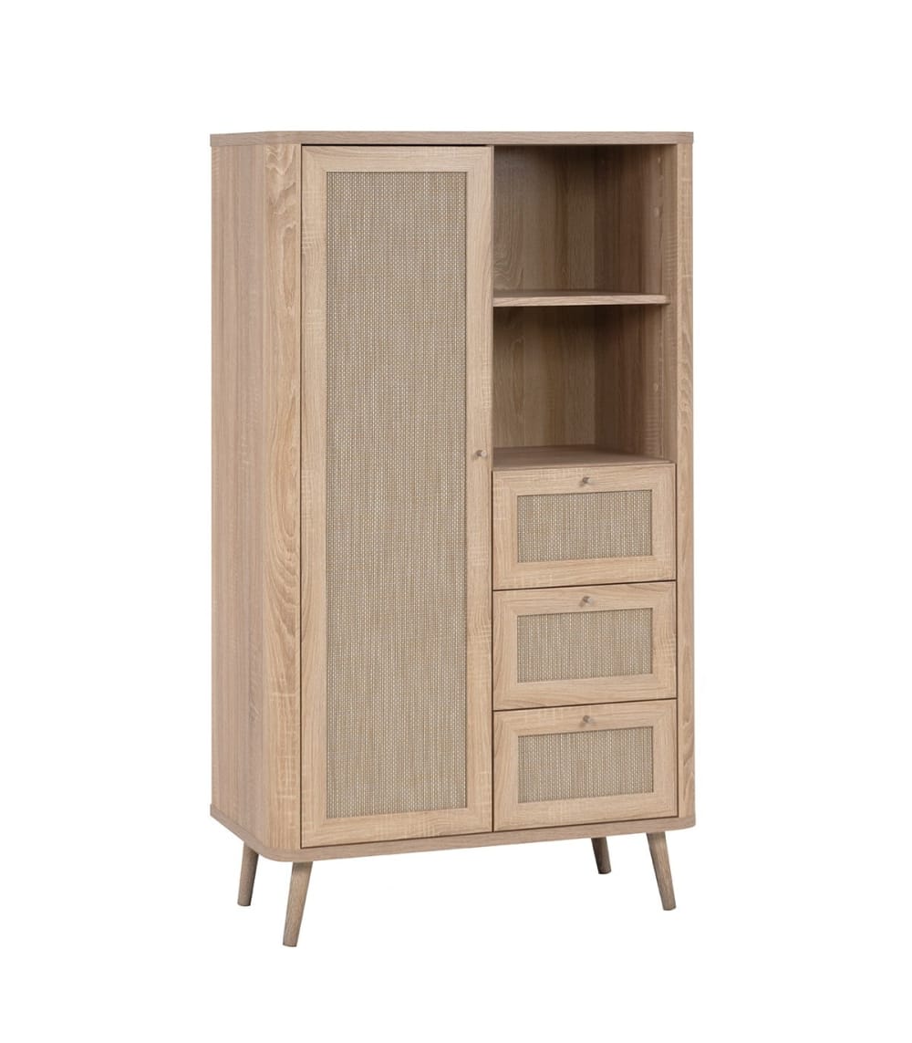 Buffet haut KUTA cannage noir et beige 3 tiroirs 81 cm