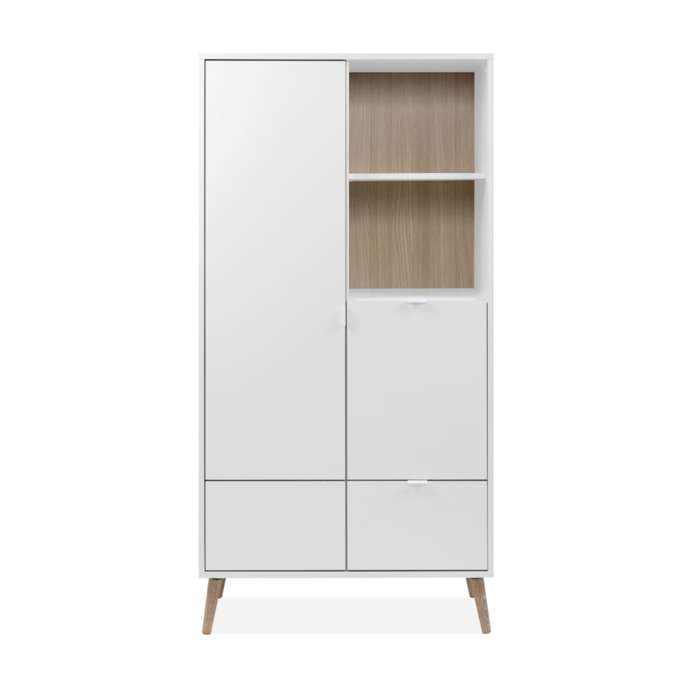 Buffet haut KLINT blanc et chêne 155 cm avec 2 portes 2 niches et 1 tiroir
