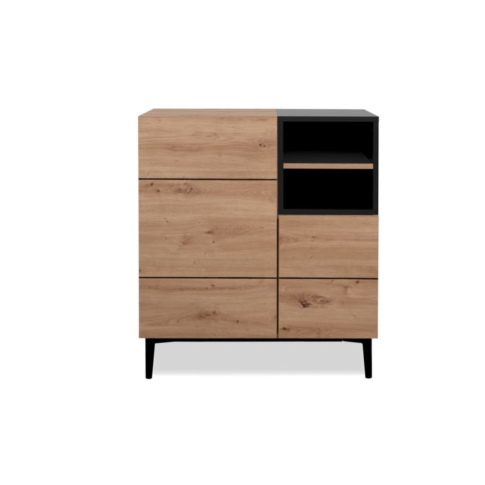 Buffet NOLA décor chêne et noir 80 cm avec 2 portes et 2 niches