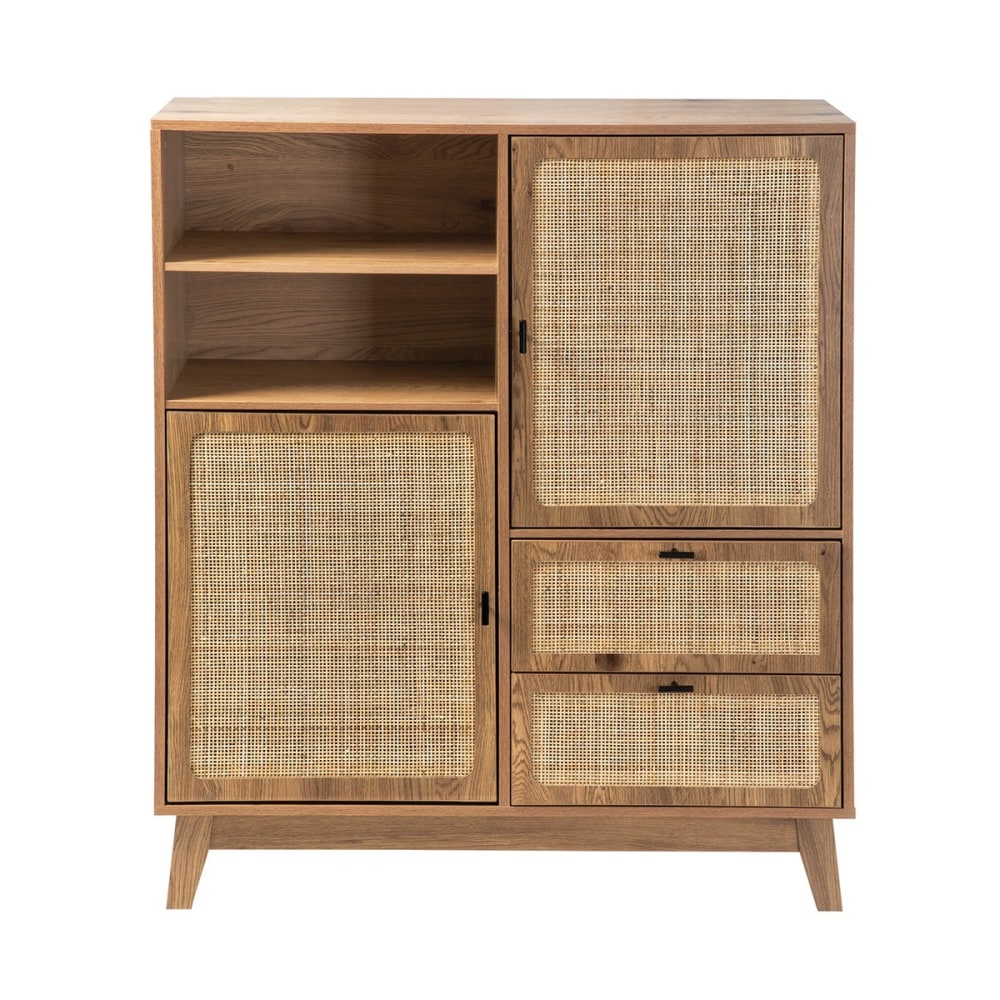 Buffet haut ALIA 100 cm à façades en rotin naturel et 2 tiroirs