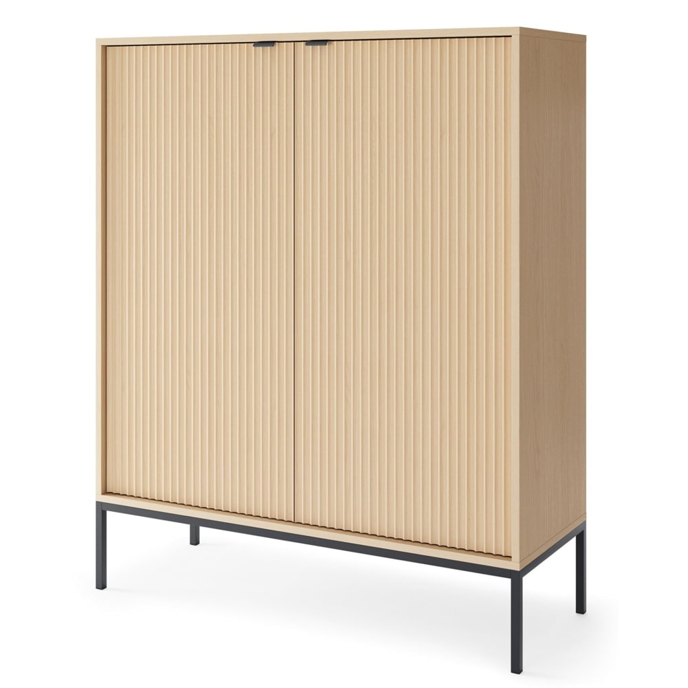 Buffet haut VELLORE aspect chêne 104 cm à 2 portes rainurées et pieds noirs