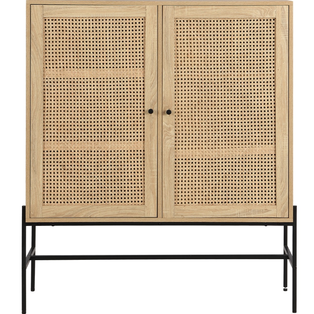 Buffet haut IRIS en cannage naturel effet chêne 100 cm sur pieds métal