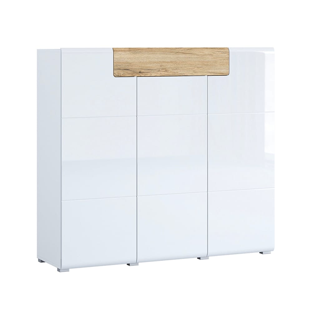 Buffet haut JULES blanc laqué et chêne San Remo 147 cm avec 3 portes et 1 tiroir