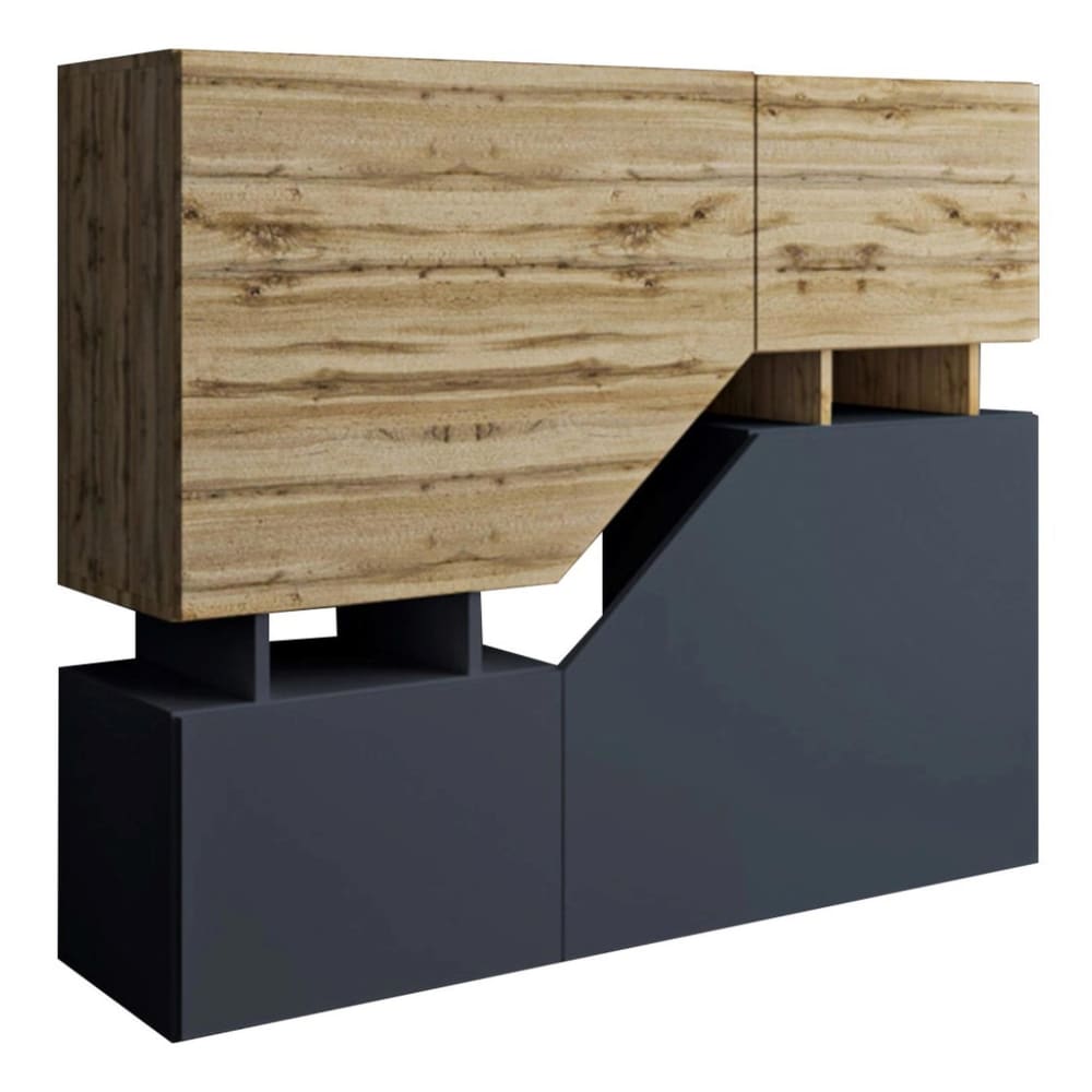 Buffet haut PITT décor bois et gris 120 cm avec 4 portes et 2 niches