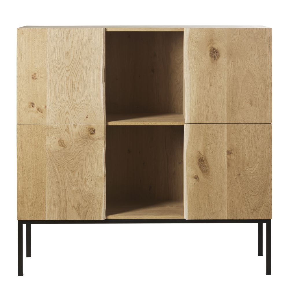 Buffet haut vaisselier MAGNUS 4 portes en chêne massif et métal noir 130 cm