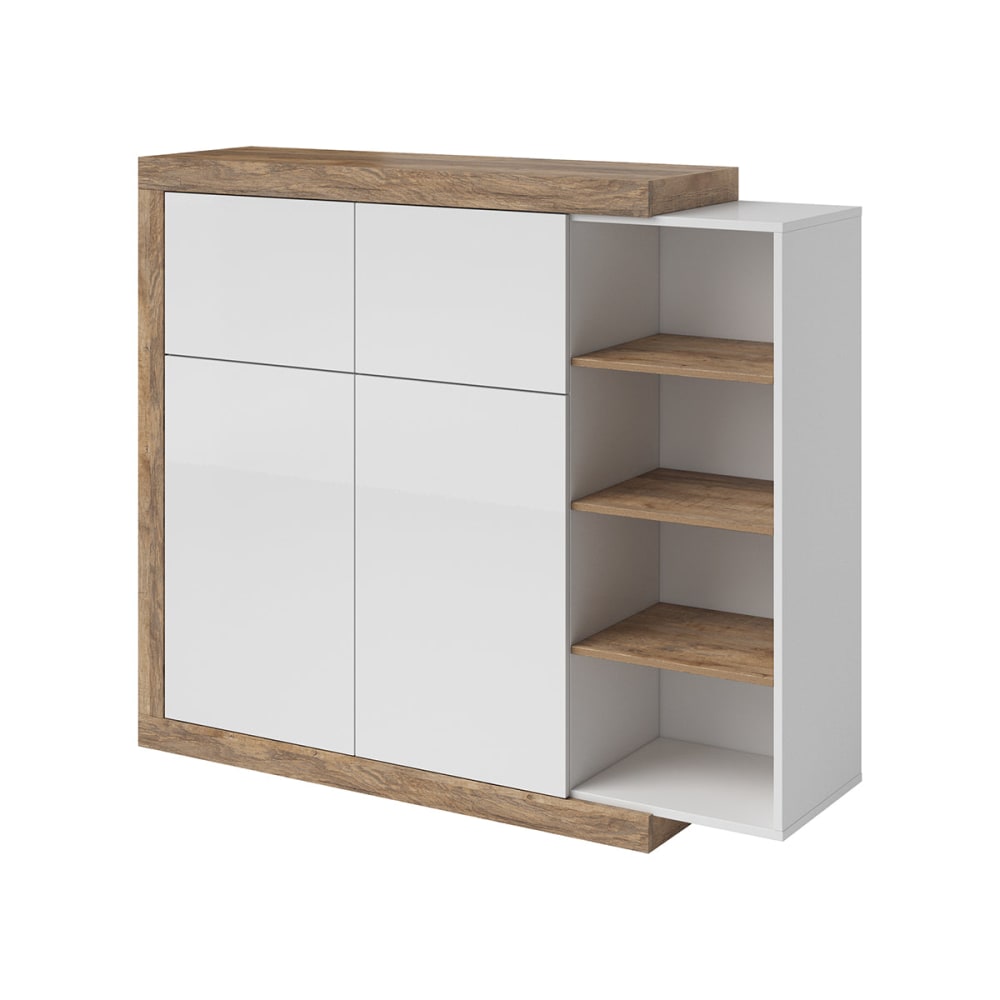 Buffet haut AZIOR blanc et bois 4 portes et niches 151 cm