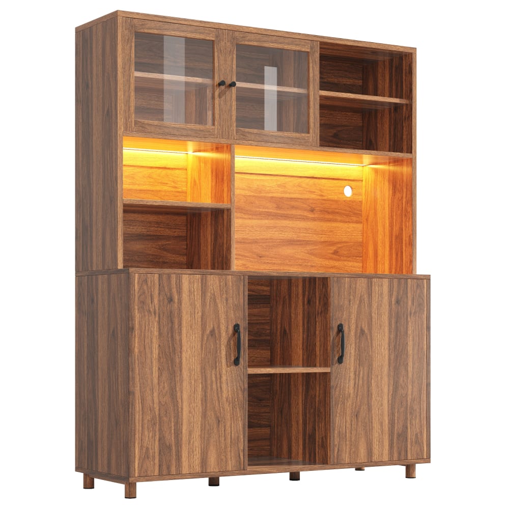 Buffet vaisselier URBAN MEUBLE effet bois naturel 185 cm avec vitrine LED