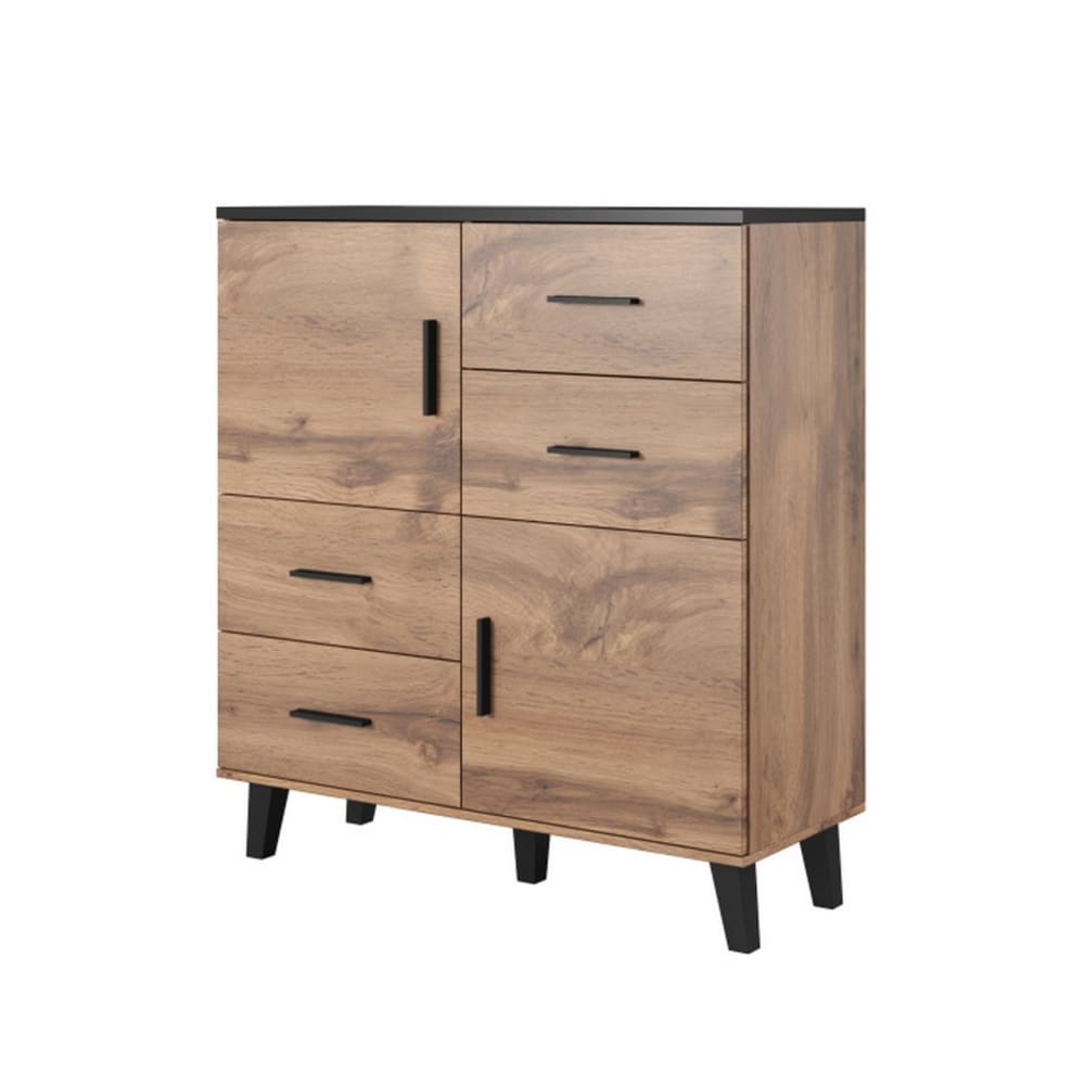 Buffet haut COLIN décor chêne et noir mat 110 cm avec 2 portes et 4 tiroirs