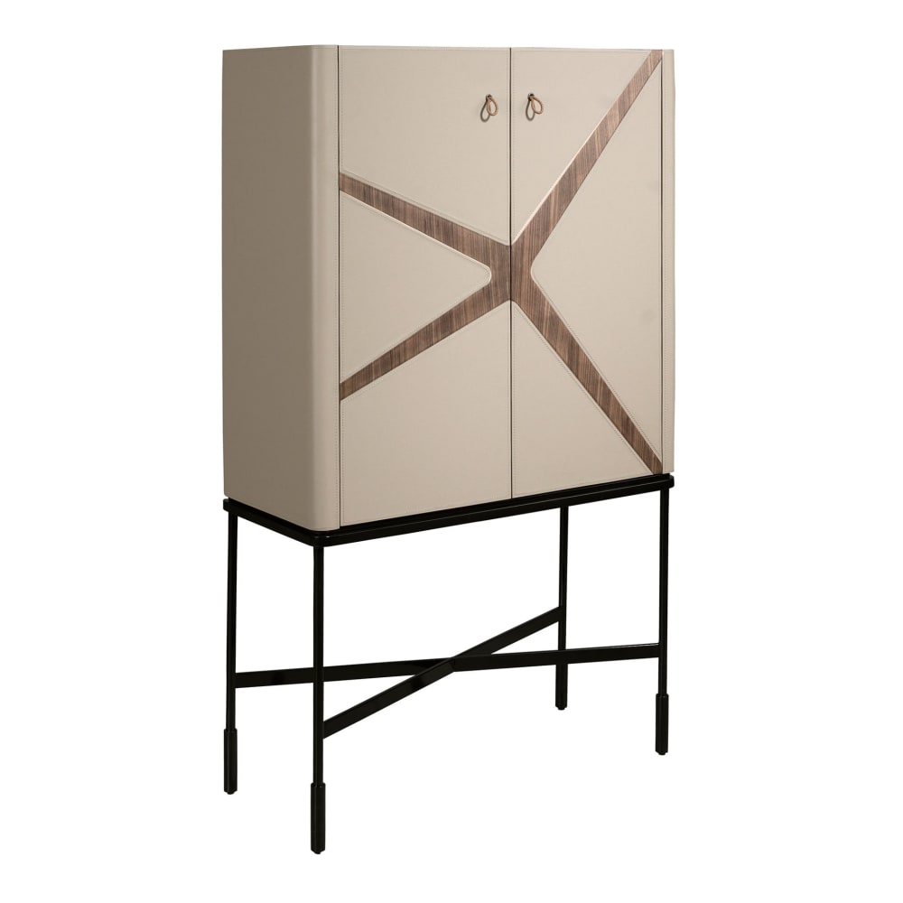 Buffet haut ANGEL CERDA en noyer et simili cuir vison 90 cm sur acier noir