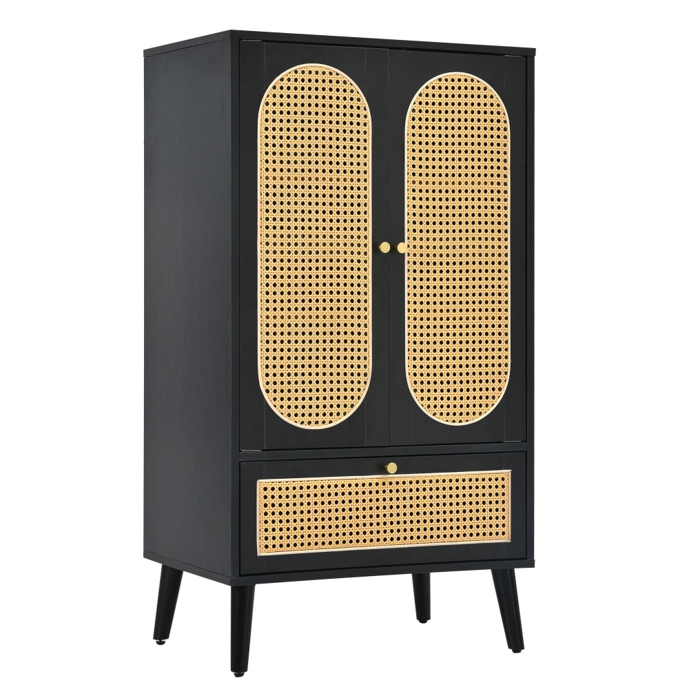 Buffet haut URBAN MEUBLE noir en rotin 60 cm avec 2 portes et 1 tiroir