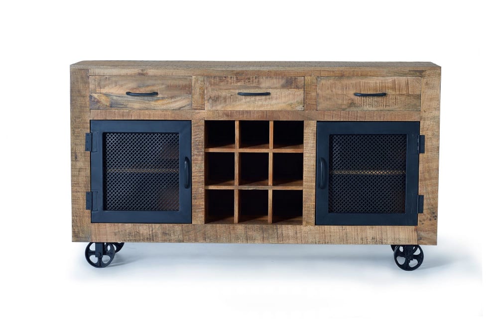 Buffet industriel IRELAND en manguier massif 150 cm avec 2 portes et 3 tiroirs