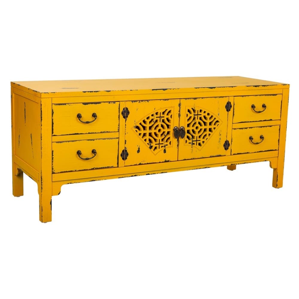 Buffet bas MAKALU jaune moutarde vieilli 120 cm avec 2 portes et 4 tiroirs