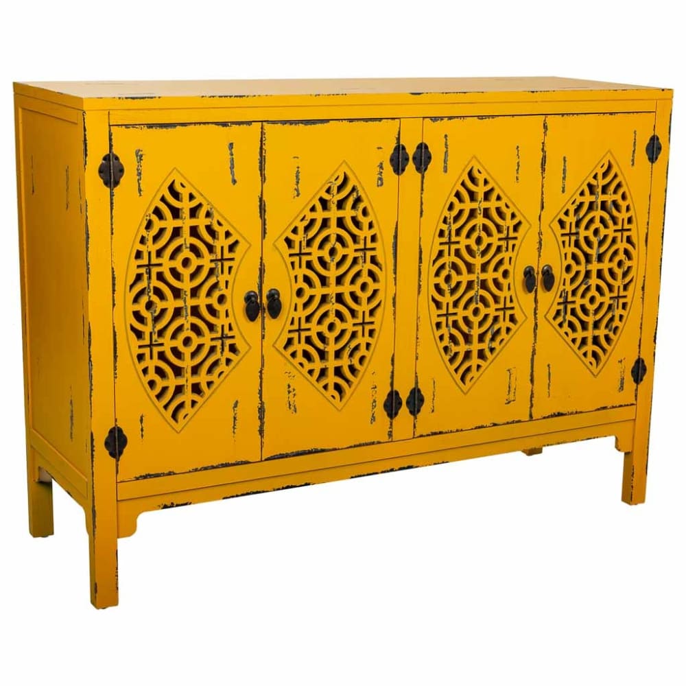 Buffet bahut MAKALU jaune moutarde 4 portes ajourées 120 cm