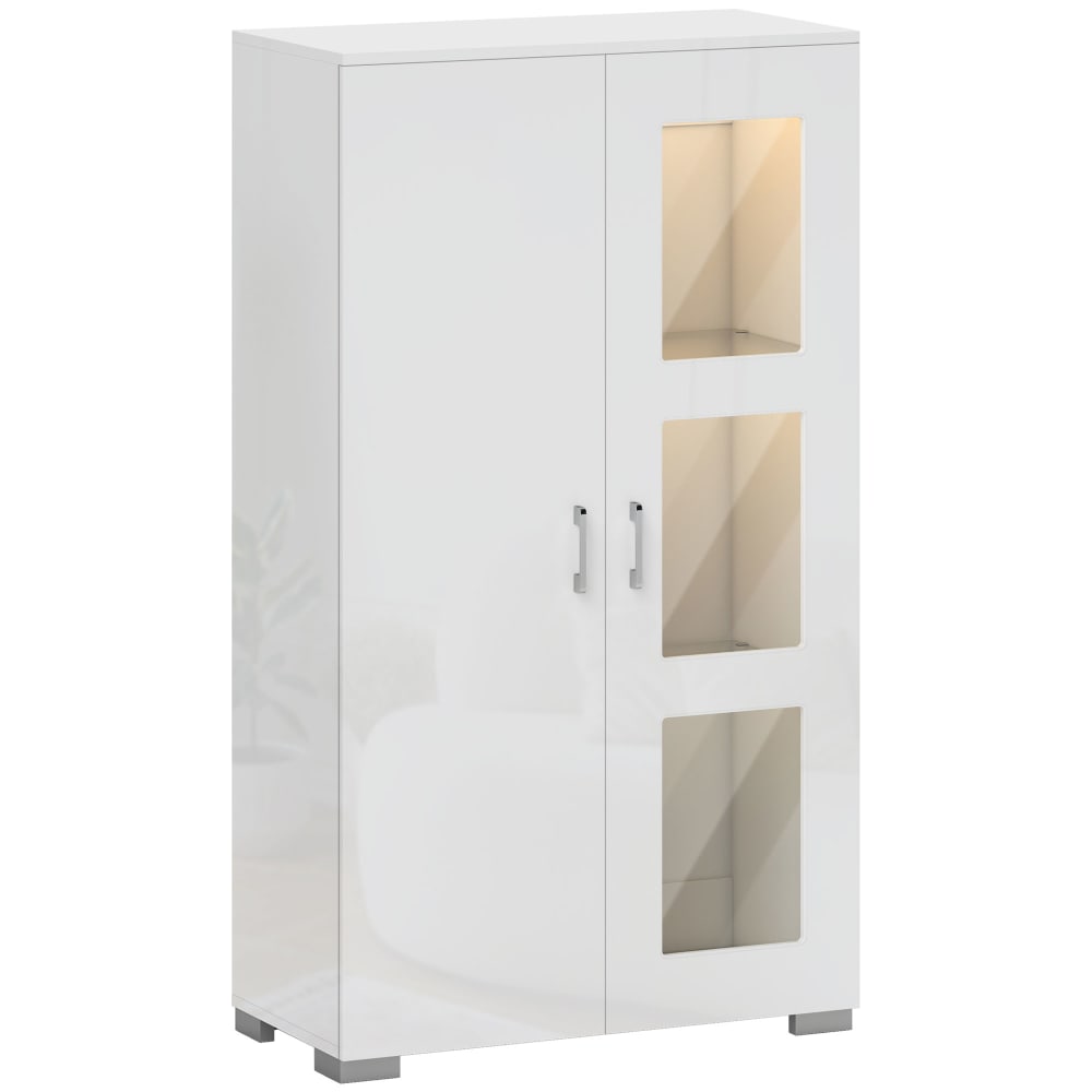 Buffet haut vitrine HOMCOM blanc brillant 71 cm avec éclairage LED et portes en verre