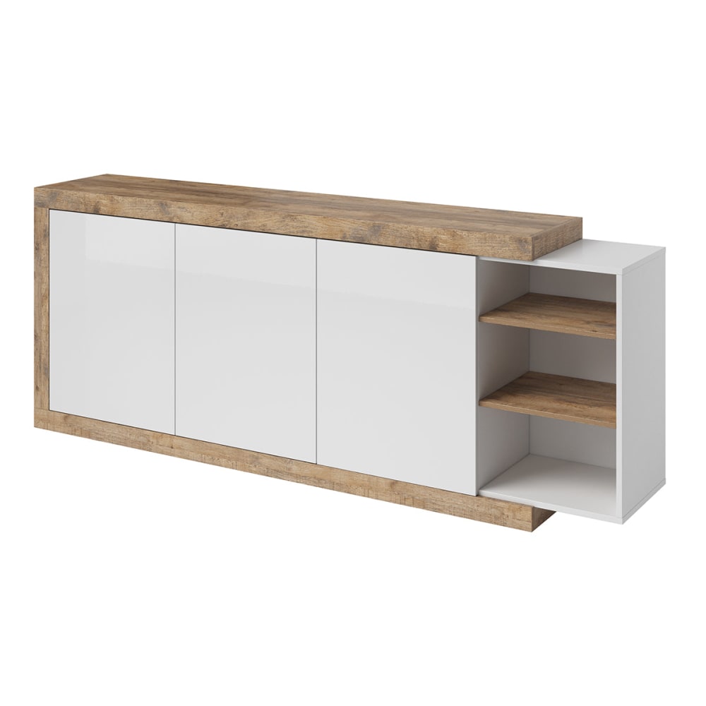 Grand buffet enfilade AZIOR blanc et bois clair 3 portes 220 cm
