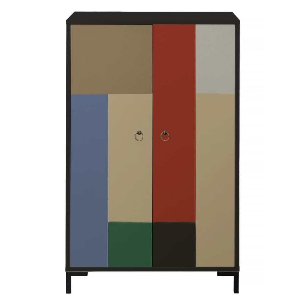 Buffet 2 portes motif blocs tuile beige et bleu 75 cm - WALTER