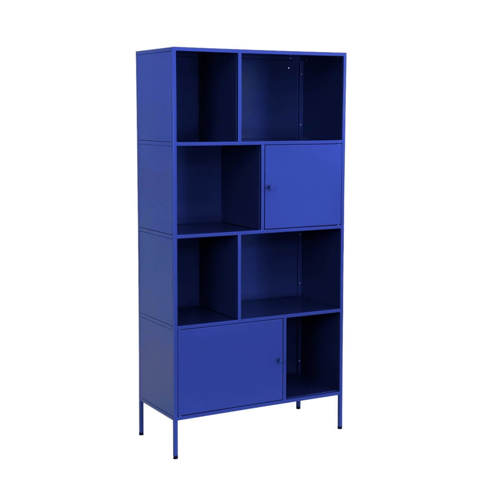 Grand buffet industriel OKLAHOMA en métal bleu 160 cm à 8 compartiments