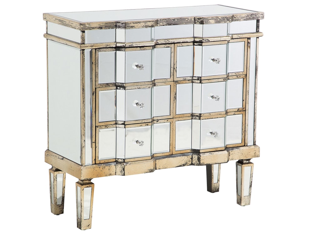Buffet miroir MOZELA en verre argenté avec 6 tiroirs