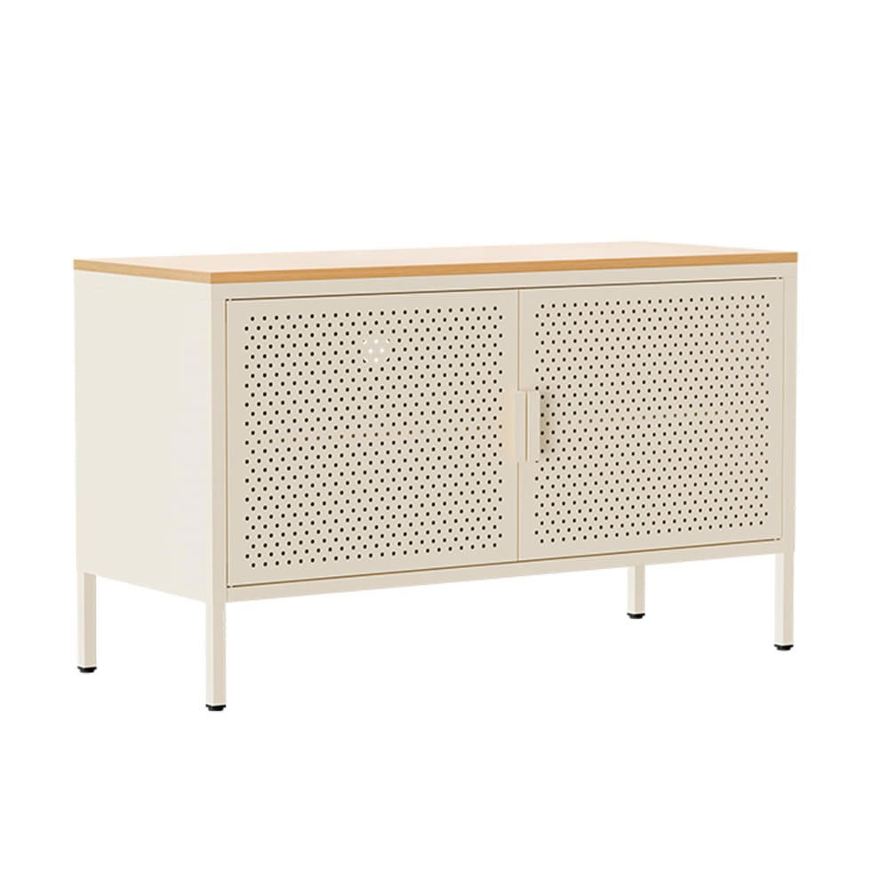 Buffet bas PUNCHY en métal écru 100 cm avec 2 portes et plateau en bois