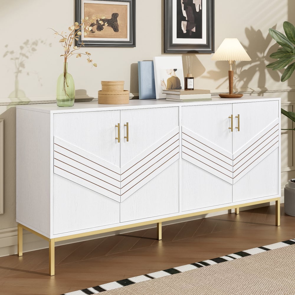 Détail des lignes gravées et des poignées dorées du buffet URBAN MEUBLE