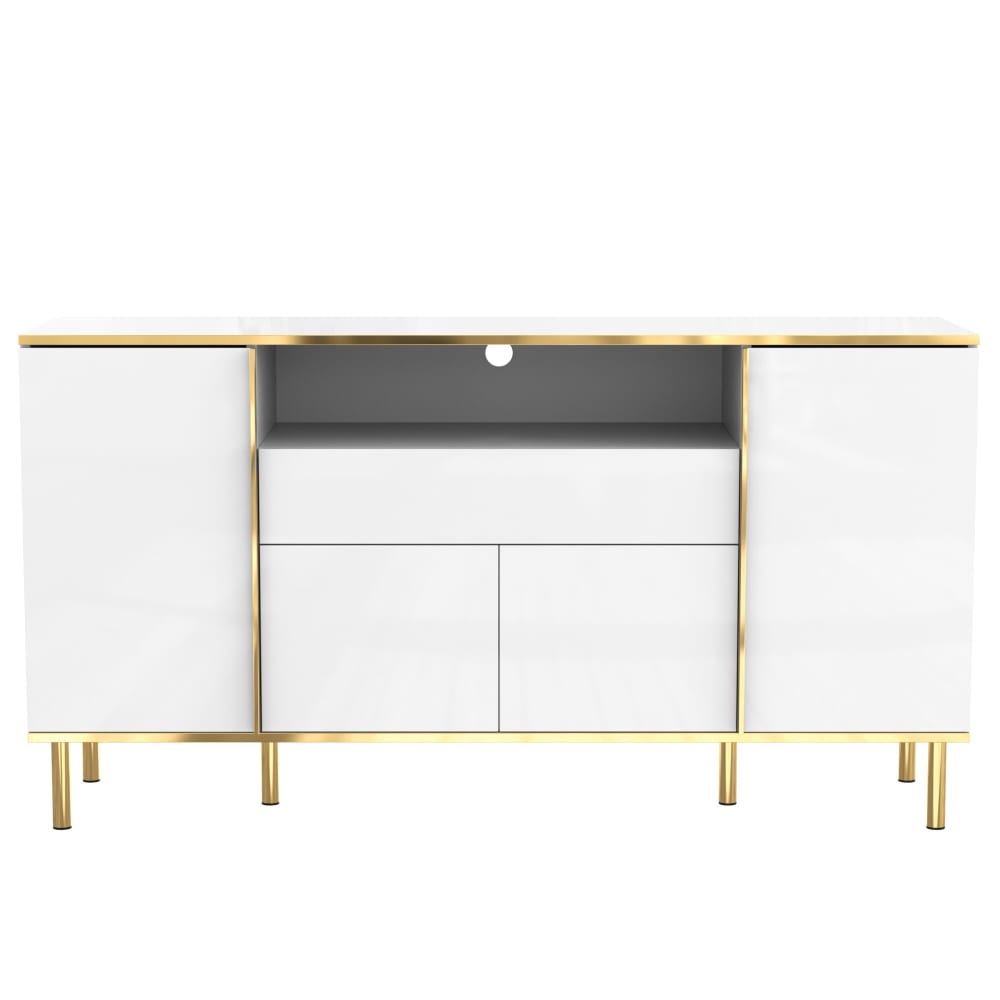 Buffet URBAN MEUBLE blanc brillant 150 cm avec éclairage LED et bordures dorées