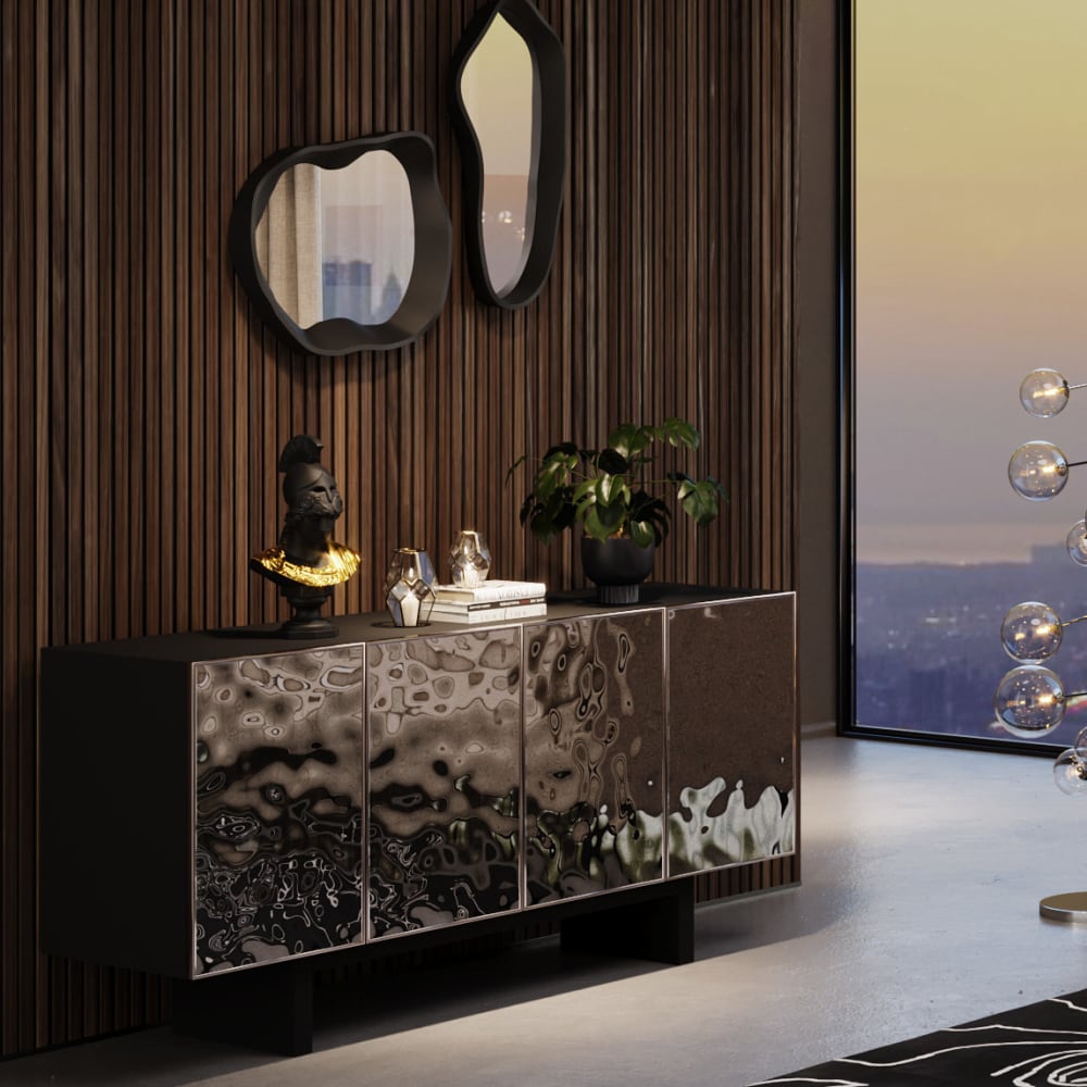 Détail des quatre façades chromées du buffet CARINO