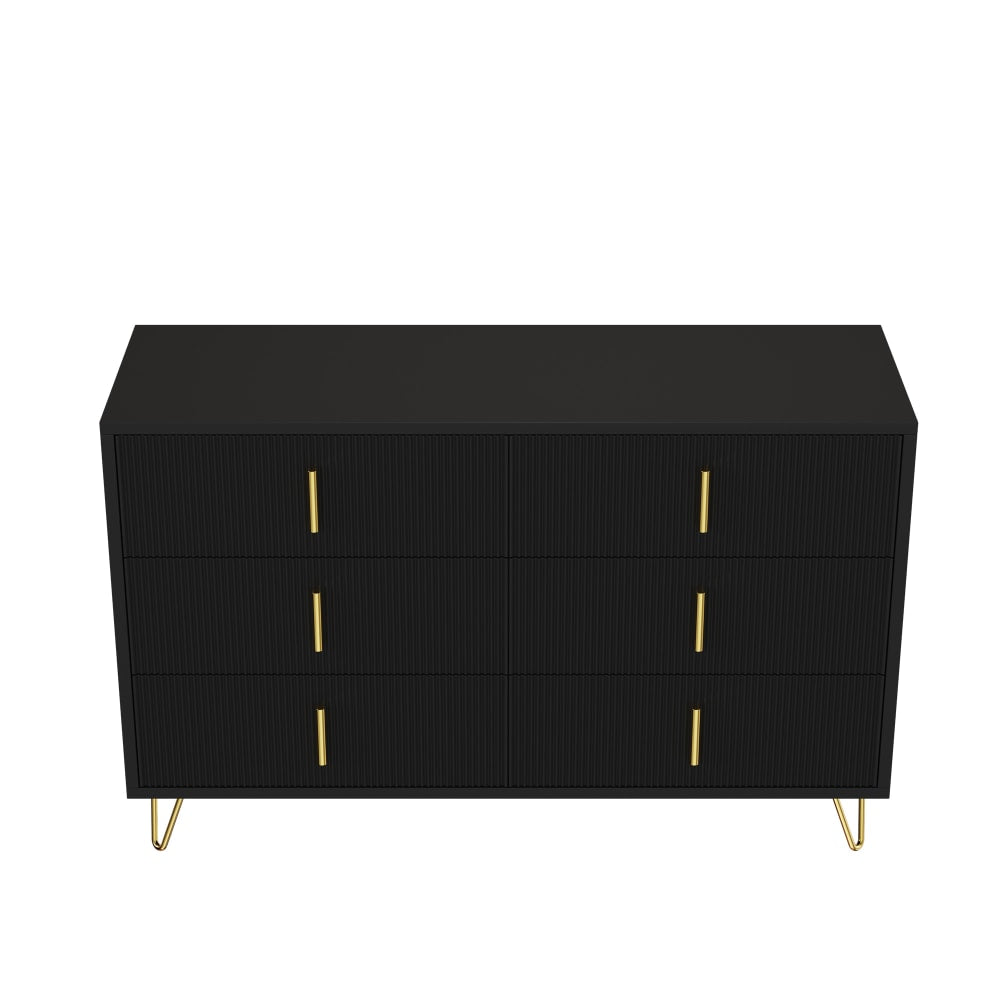 Buffet bas URBAN MEUBLE noir 120 cm avec 6 tiroirs striés et pieds dorés
