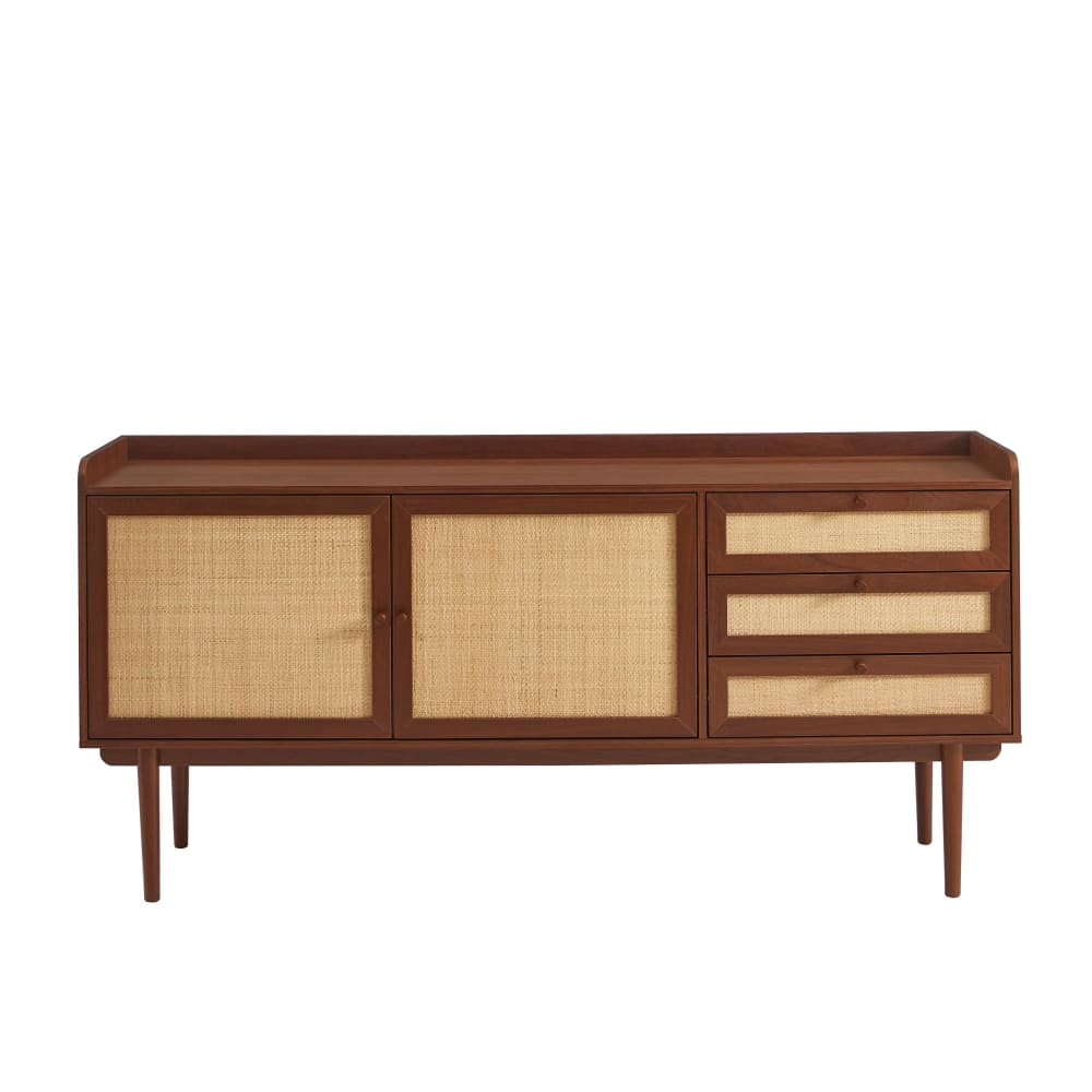 Buffet enfilade LEON noyer et cannage 180 cm à 2 portes 3 tiroirs