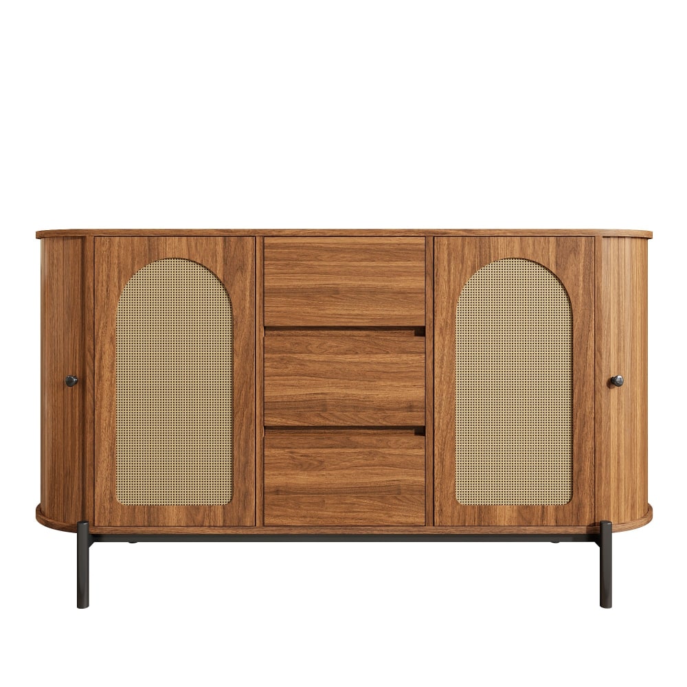 Buffet ovale URBAN MEUBLE 140 cm effet noyer avec portes en rotin