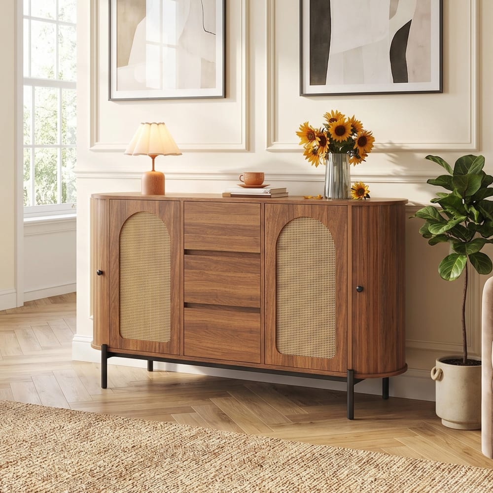 Détail des portes en rotin du buffet ovale URBAN MEUBLE