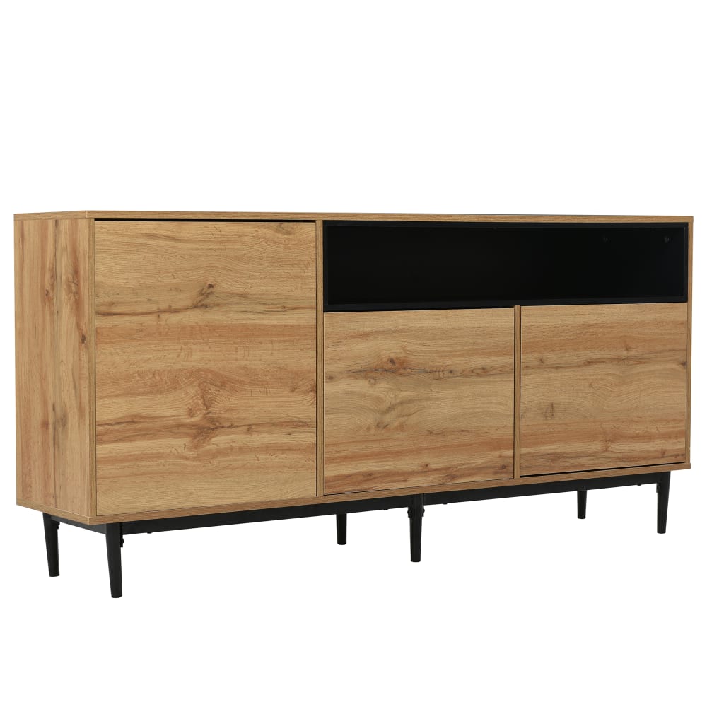 Grand buffet MEUBLES COSY effet chêne clair 3 portes et niche pieds métal noir 160 cm