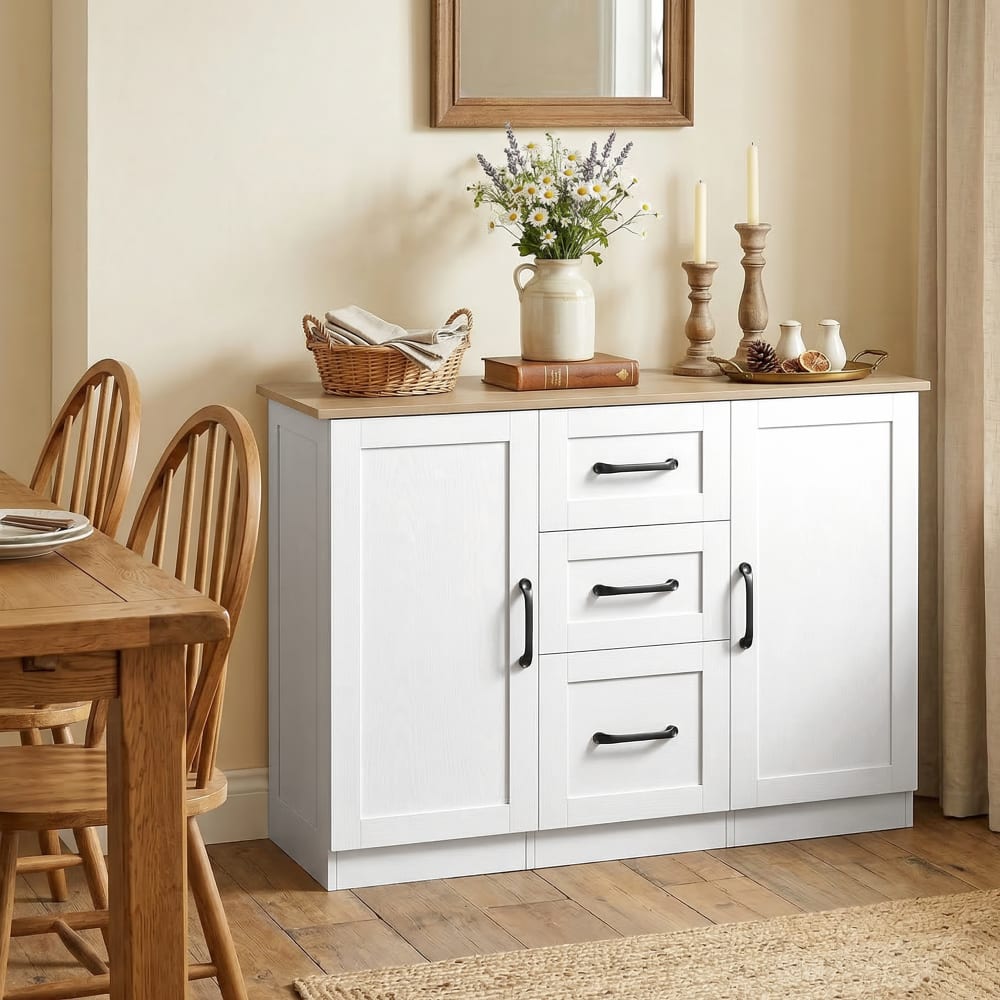Buffet HOMCOM tiroirs et placards ouverts
