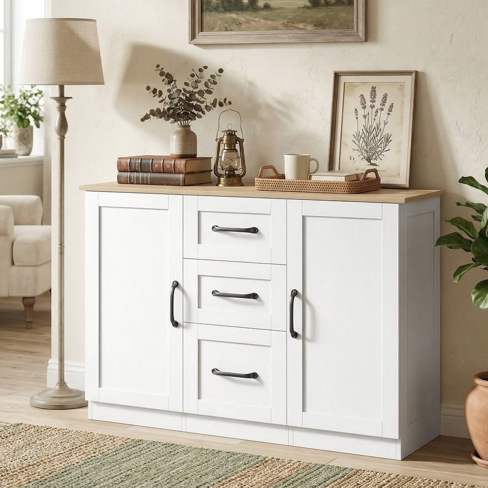 Détail du plateau effet bois du buffet HOMCOM