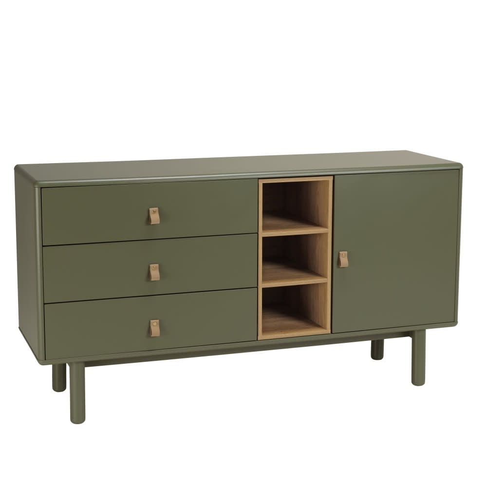 Buffet ETHAN vert et bois 140 cm avec 1 porte 3 tiroirs et 3 niches