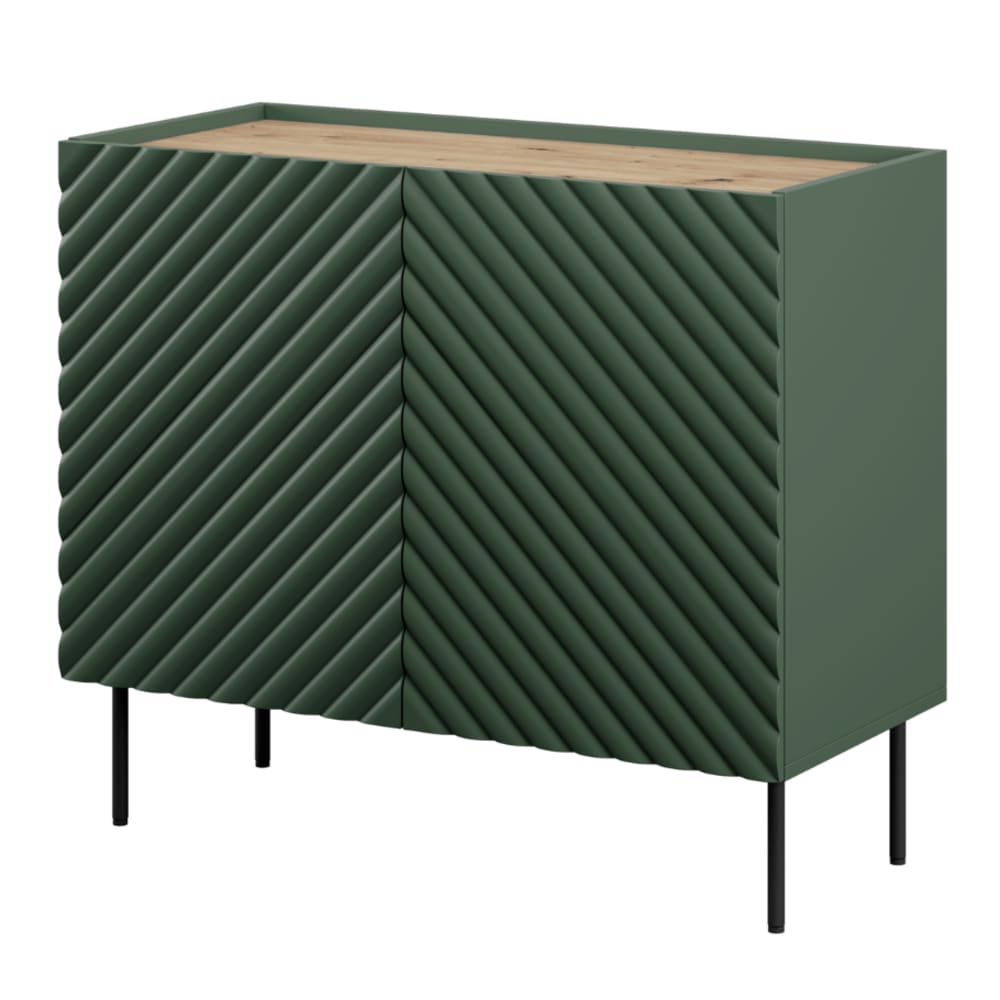 Petit buffet EMILE vert et bois 98 cm avec 2 portes en relief
