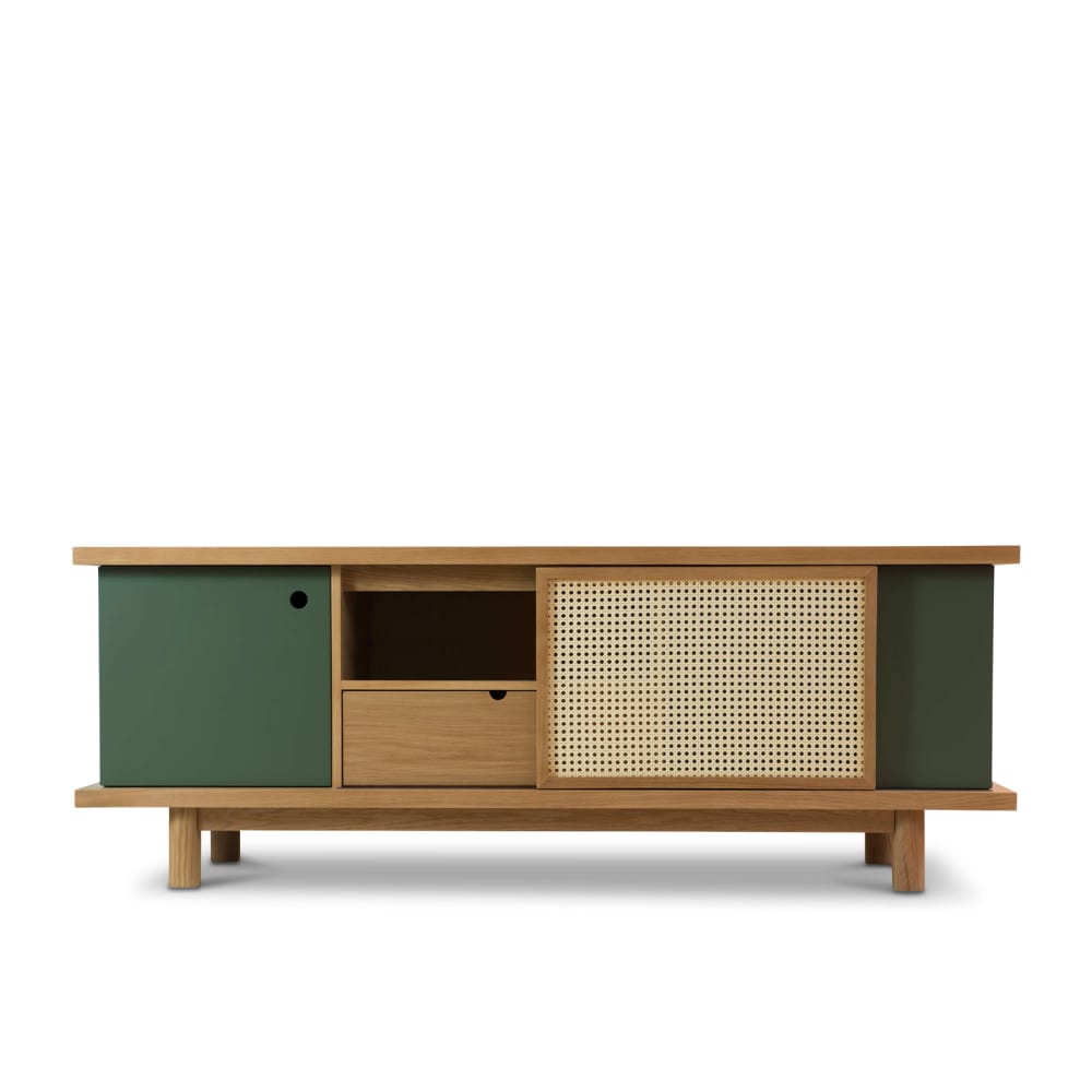 Buffet bahut vintage TAMMEA en chêne beige et vert avec cannage 160 cm